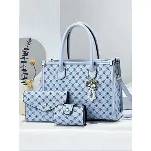 Elegant 3-Piece Handbag Set, Large Capacity Zipper Closure, Stylish Plaid Pattern, Includes Coin Purse & Card Holder, Handbag Wallet Set