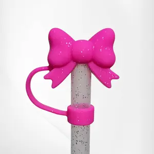Butterfly Ribbon Bow Silicone Straw Topper  - Hot Pink Glitter