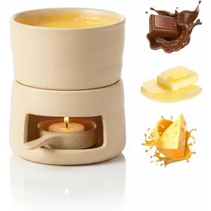 Sweet Fondue Mug with Candle Holder| Ceramic Chocolate Melting Cup & Reusable Candle Warmer Base| Mini Fondue Pot for Romantic Dates, Birthday Gifts (Wheat Yellow)