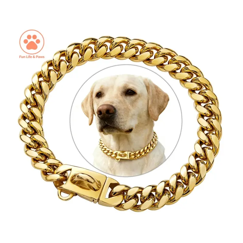 14mm Cuban chain dog collar, 18K gold-plated and silver stainless steel solid dog collar, luxurious and durable anti-bite dog necklace, size 10-28inch, fashionable design
