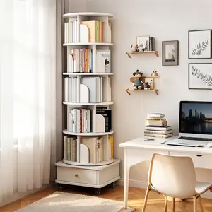 6-Tier Compact Space-Saver Rotating Bookshelf Tower, 360° Circular Form Wheeled Base Bookcase with Drawers, Small White Office Furniture for Bedroom, Living Room
