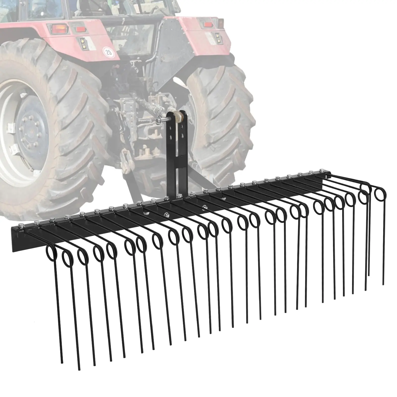 GARVEE 60" Pine Straw Rake - Updated Version with 8mm Tines, Steel Tow Behind for Cat 0/1 Tractors, Perfect for Leaves & Grass, Available in Black and Yellow, Durable and Efficient for Landscape Maintenance.