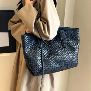 Tote Bag - Black Woven Design with Dual Handles and Adjustable Strap for Everyday Use
