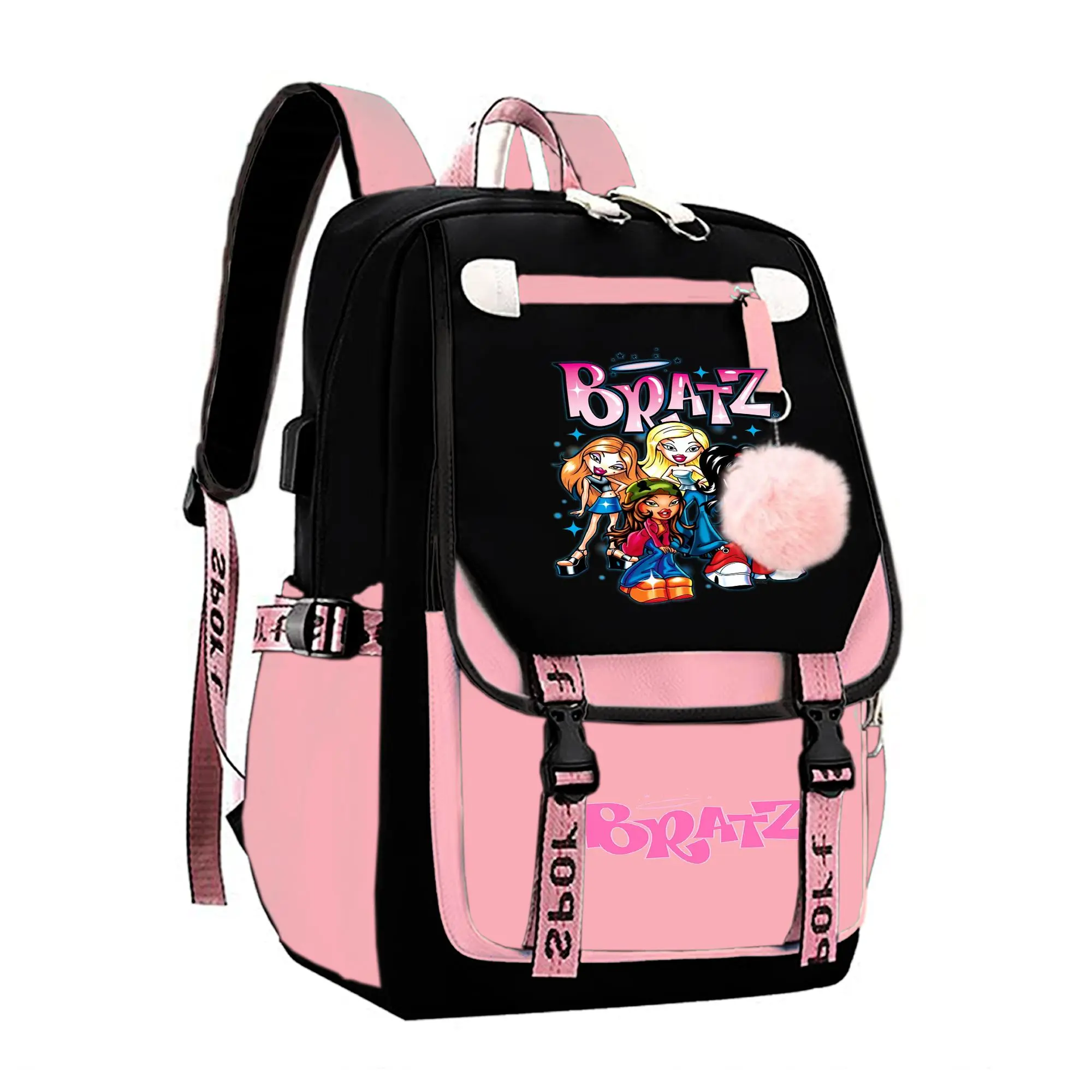 Bratz Rock Angelz Graphic Backpack for Girls, Y2K Pink and Black School Bookbag with Keychain, Waterproof Travel Laptop Bag for Teens College d-1