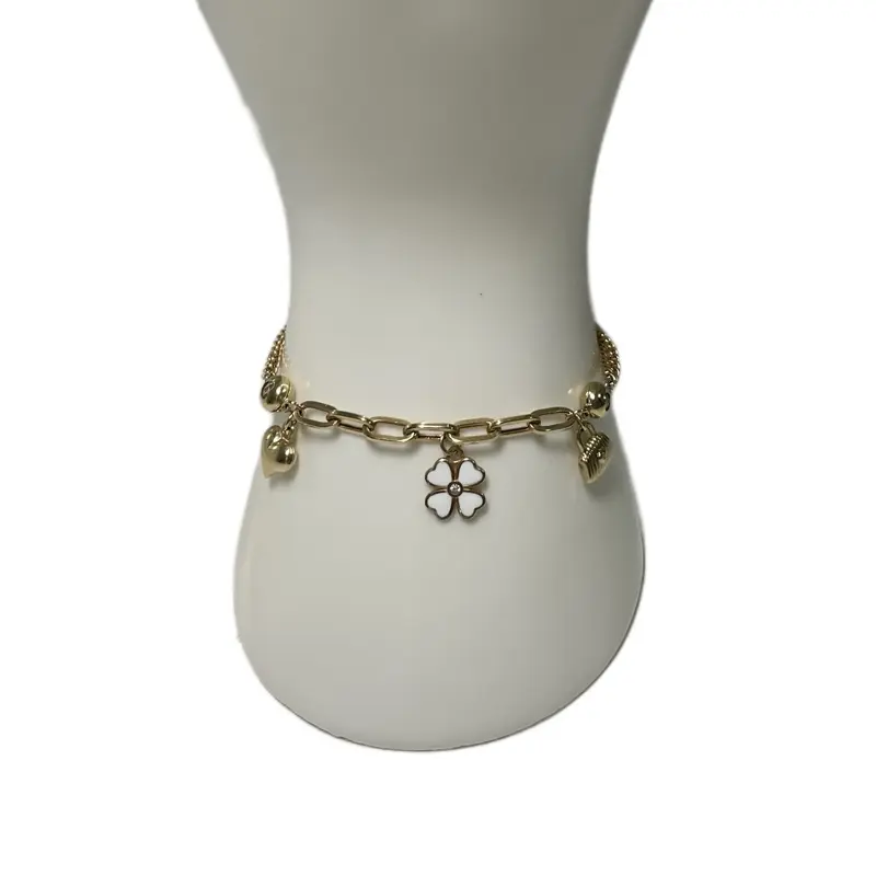 14k Solid Gold Brazelete with Charms - Elegant Flower & Bell Charms for Women's Fashion