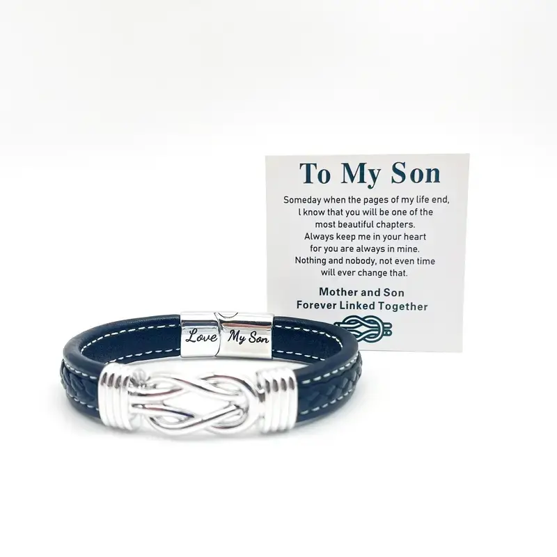 To My Son Infinity Knot Leather Bracelet Engraved Love My Son Mother Son Forever Linked Together Sentimental Jewelry Gift For Son Birthday Graduation Christmas