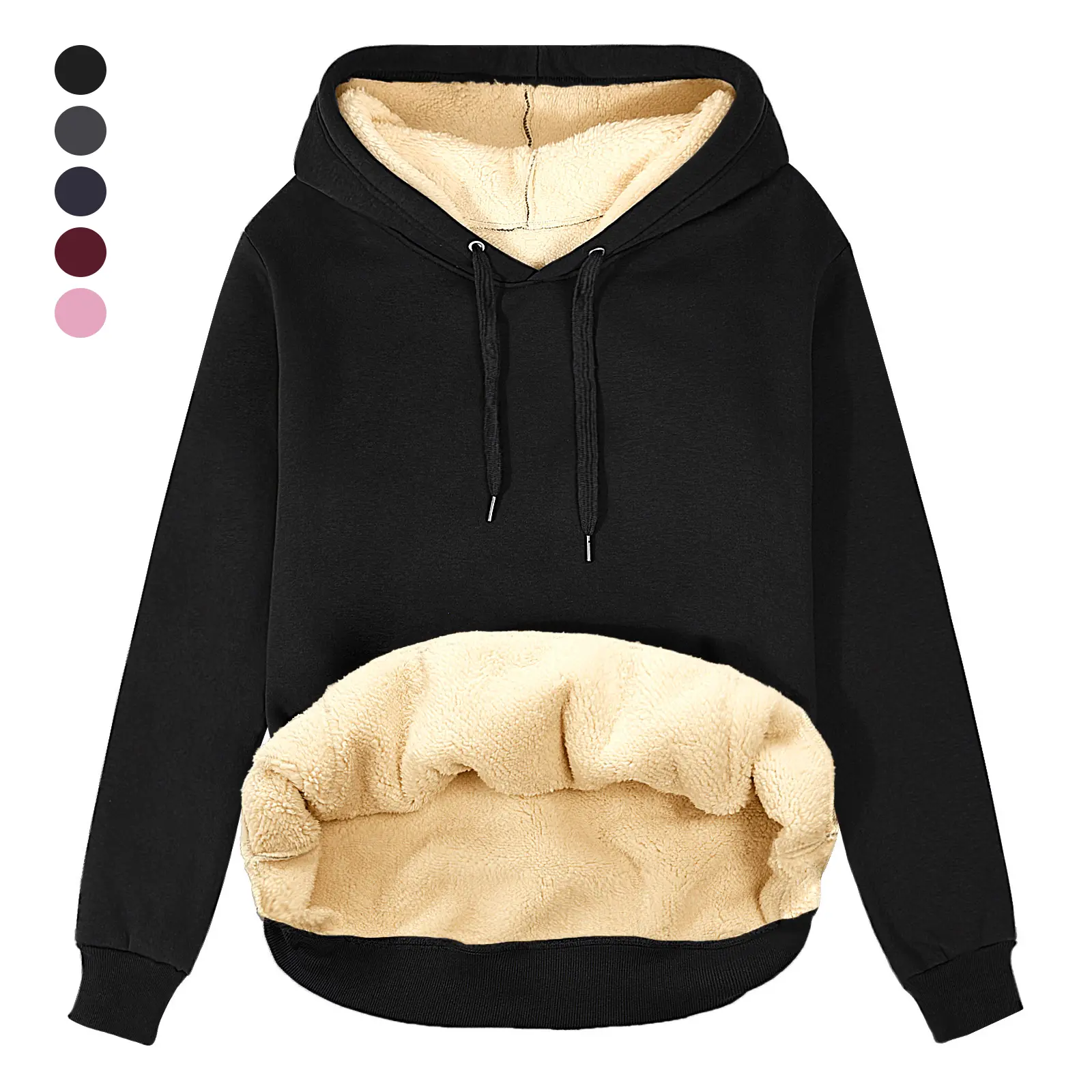 FASHORA Women Solid Sherpa Lined Hoodie, Thick Warm Fleece Lined Pullover Hooded Sweatshirt With Kangaroo Pocket, Drawstring Casual Winter Hoodies For Women