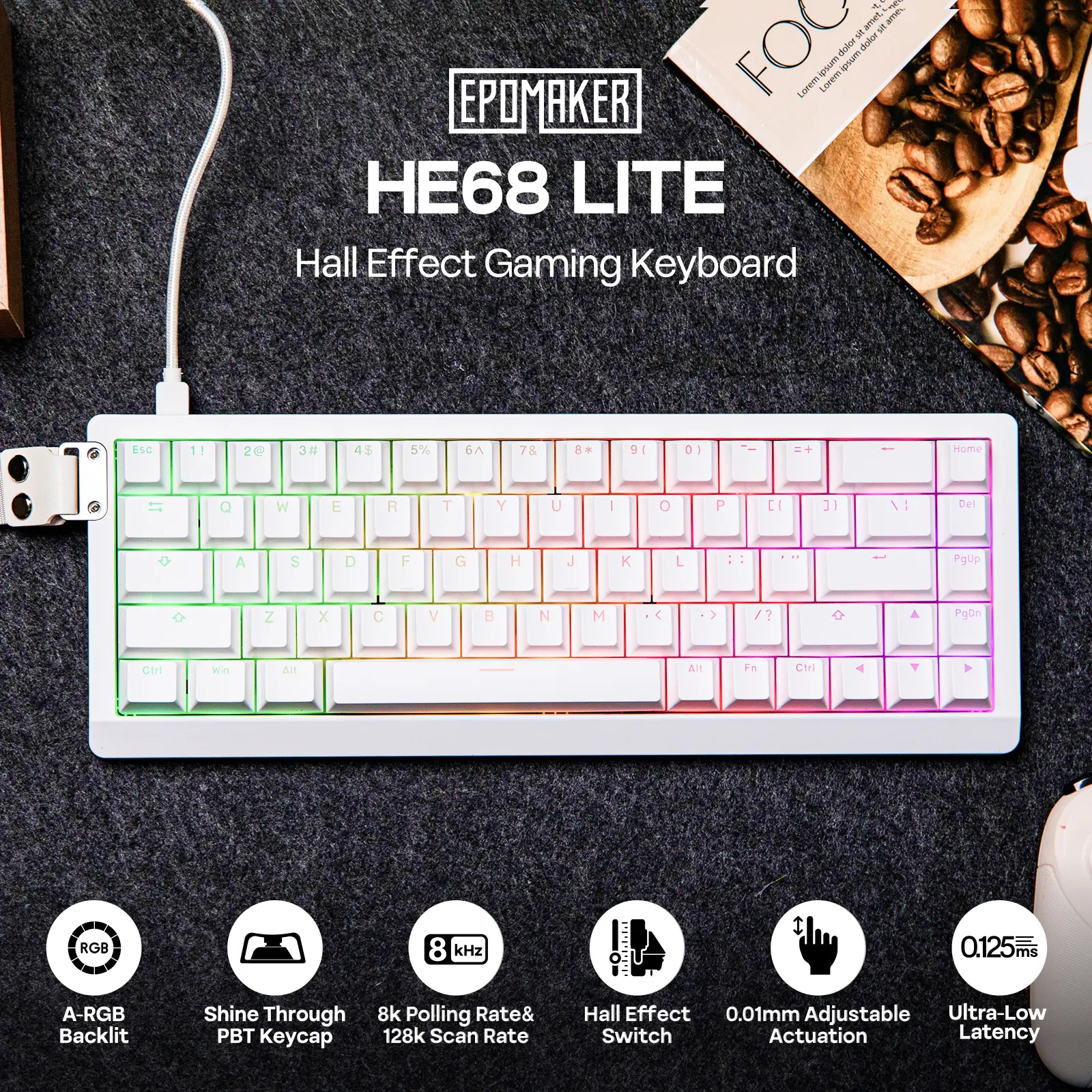 EPOMAKER HE68 Lite 65% ANSI US Layout Tray-Mounted Mechanical Backlit Gaming Keyboard, Magnetic Hall Effect, 5-Layer Sound Design, Tray-Mount Stability, 8000Hz Polling, Custom A-RGB, DKS SOCD, USB-C Cabled, Keycaps, Foam (TikTokShopBlackFriday)