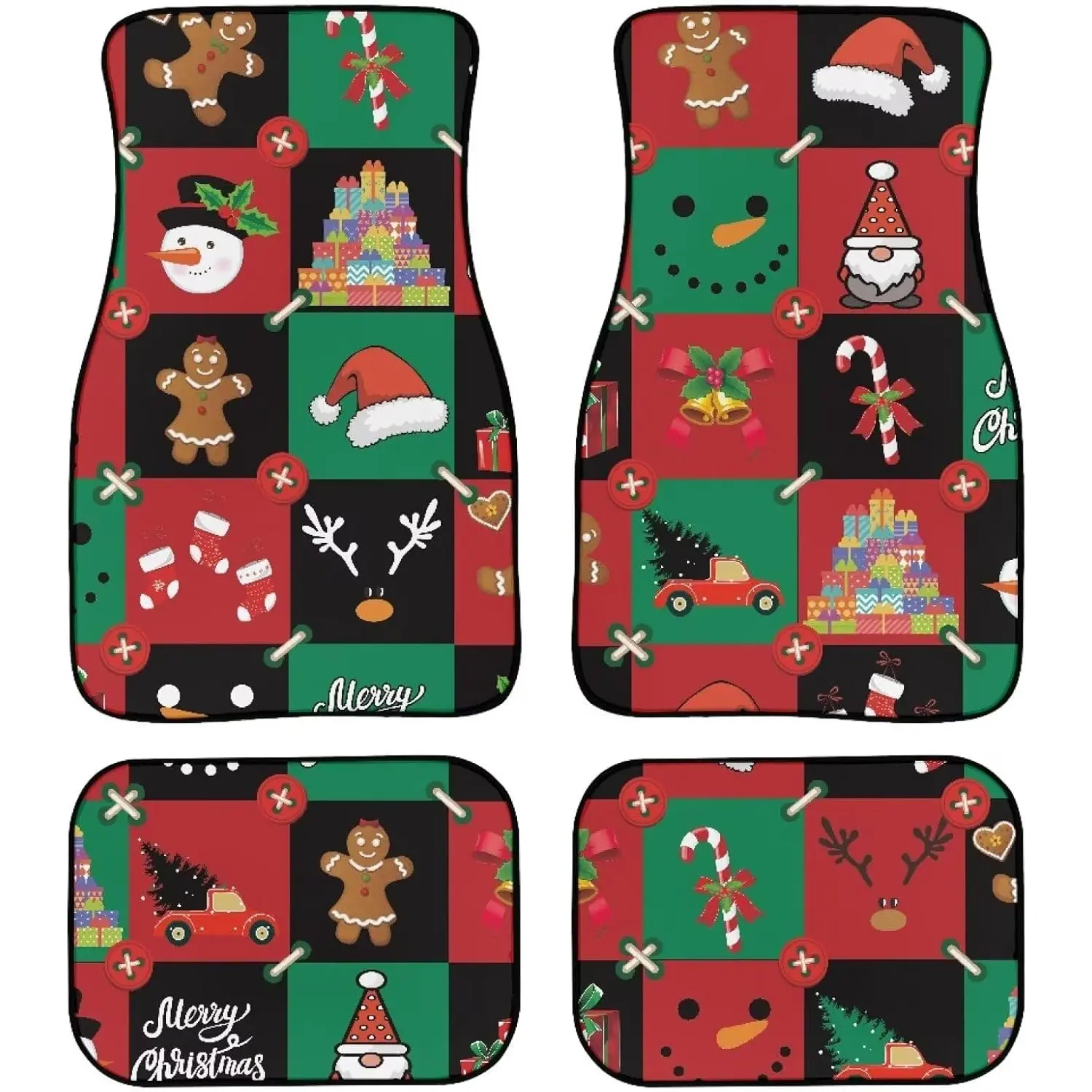 Christmas Patchwork Car Floor Mats Set - 4PCS Festive Snowman Gingerbread Mats Universal Fit Car Van SUV Truck Sedan for Car Protective Accessories ﻿