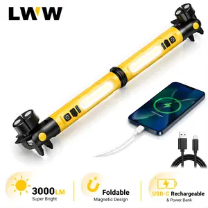 LWW Upgraded Magnetic LED Work Light Bar, 5200mAh Rechargeable Under Hood Mechanic Light, 2 Detachable Lights with Independent Control, Portable COB Inspection Lamp with Magnetic Base, Hooks, USB-C Charging & Power Bank, Red/Yellow