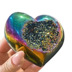 Radiant Rainbow Titanium Aura Quartz Heart Crystal | Heart-Shaped Cluster | Dark Textured | 3in | Gift | Decor