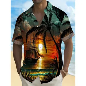 Men'S Plus-Size Short-Sleeve Shirt with a Sunset View Print of Hawaiian Coconut Trees And Button Pockets Plus Size