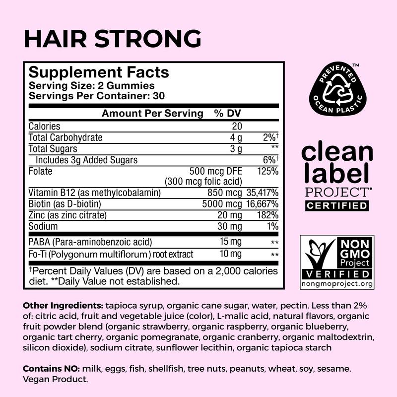 HUM Hair Strong - Daily Biotin Gummies for Hair Growth - Fo Ti, Folic Acid, Zinc, Vitamin B12 & PABA to Support Healthy Hair, Skin & Nails