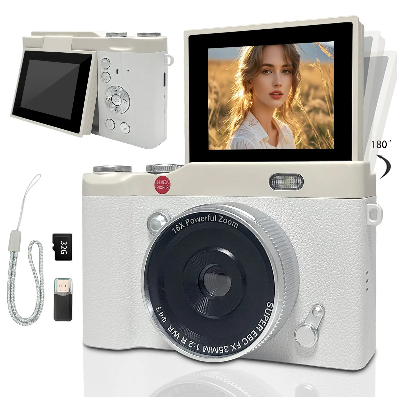 Portable Digital Cam, Student Camera, Pocket Camera, 180° Degree Flip Screen Camera For Students, Entry-Level Digital Camera With 32GB Memory Card, V