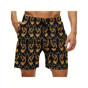 Men's swim trunks, beach shorts, luxurious gold chain pattern, stretchy, soft, lightweight, quick-dry swimwear, outdoor vacation casual sports shorts