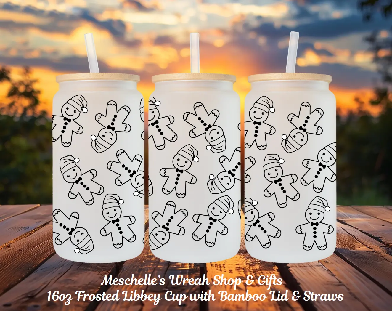 16oz Sublimated Portable Frosted Gingerbread-Shaped Christmas Winter Glass Cup - Washable Kitchen Drinkware with Bamboo Lid and Straw, for Beer, Iced Coffee