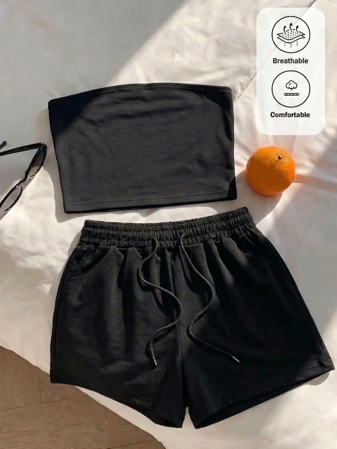Hype Y2K Casual Basic 2 PCS Womenswear Clothes, Fitted Knit Set — Tube Top & Adjustable Drawstring Shorts, Perfect for Daily Chic and Aesthetic Home Styles | Viral TikTok Trend, 2026 Must-Have Revival, Soft Breathable Fabric, Effortless Look