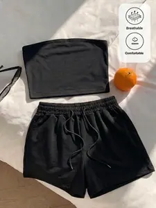 Hype Y2K Casual  2 PCS Womenswear — Elegant Tube Top & Adjustable Drawstring Shorts, Perfect for Daily Chic and Aesthetic Home Styles | Viral TikTok Trend, 2026 Must-Have Revival, Soft Breathable Fabric, Stunning Effortless Look