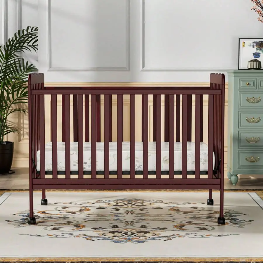 3-in-1 Convertible Crib, Solid Pinewood Baby Bed with Adjustable Mattress Height, Portable Nursery Furniture with Smooth Locking Wheels for Newborn, Infant & Toddler