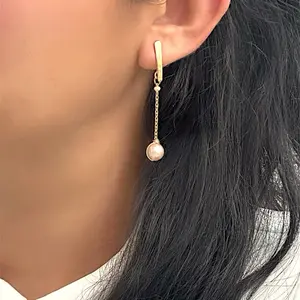 Dangle Pearls Long Earrings - glam 18k gold plated Chain with Single Pearl Drop for Women's Fashion jewellery