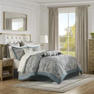 212 MAIN Aubrey 12-Piece California King Bedding Set - Paisley Print, Jacquard Weave, Hypoallergenic Teal Comforter (106x92x1.5 in), Classic Color Cotton Bed Sheets, Traditional Style (MP10-8313)