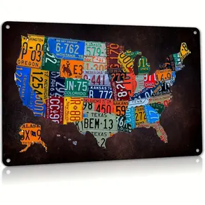 Vintage USA Map Route 66 License Plate Style Metal Plaque, 1 Count Metal Sign, Wall Decor for Home Living Room Bedroom Office, Rustic Farmhouse Design