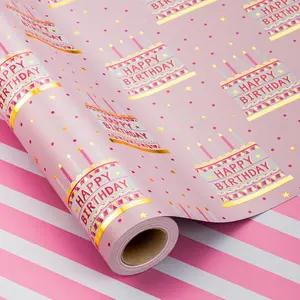 Birthday Wrapping Paper Roll - 17 Inch X 16.5  - Girly Shiny Metallic  Birthday Cake  Reversible  Wrap Paper Pastel for Girl  Shower Wedding Bridal Shower
