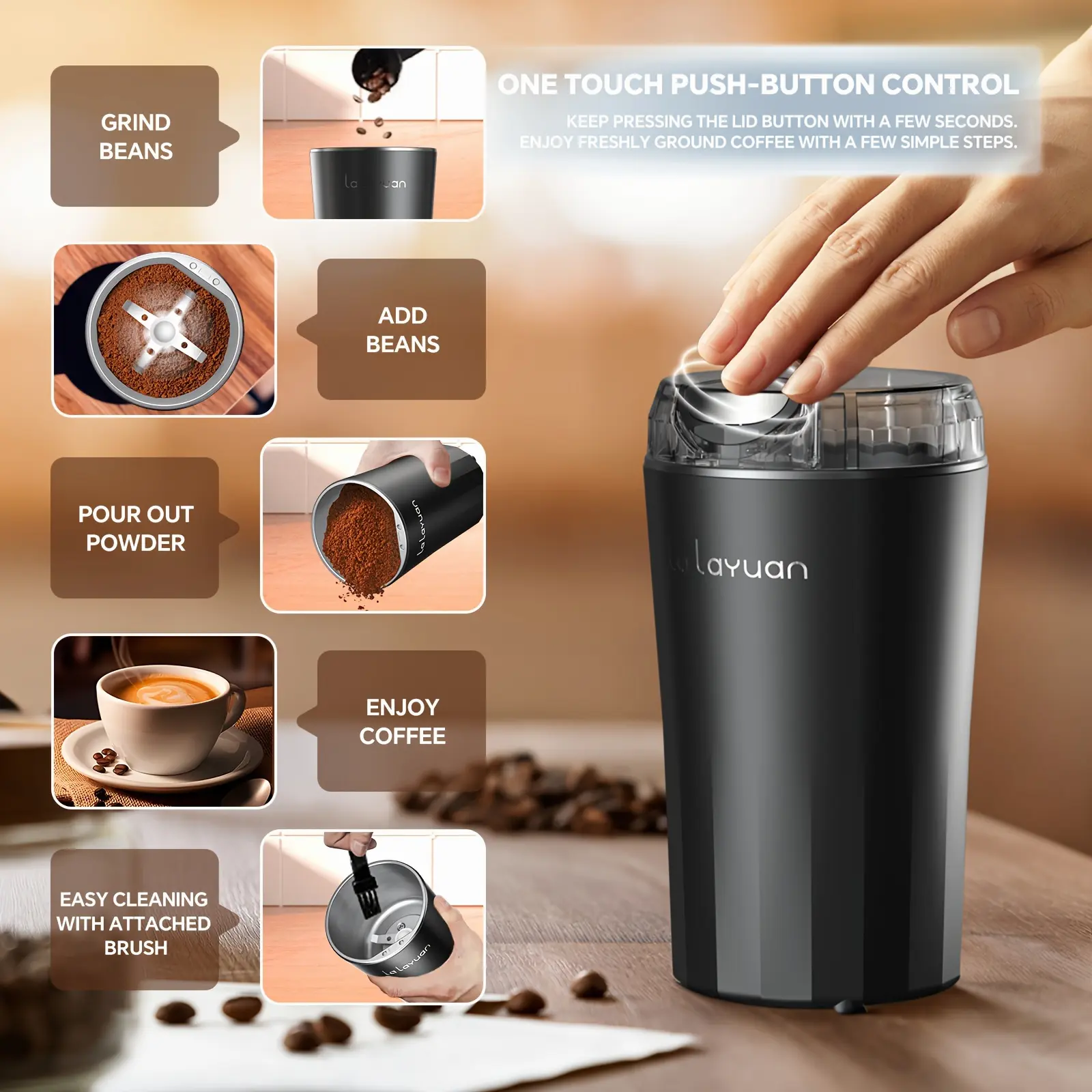 Electric Grain Mill, 200W Powerful Electric Coffee Grinder, Electrical Spice Grinder, Fresh Grinding for Bean, Spice, Nut, Grain, Peanut, One Touch Coffee Mill with Large Capacity 80G/3Oz to 12 Cups