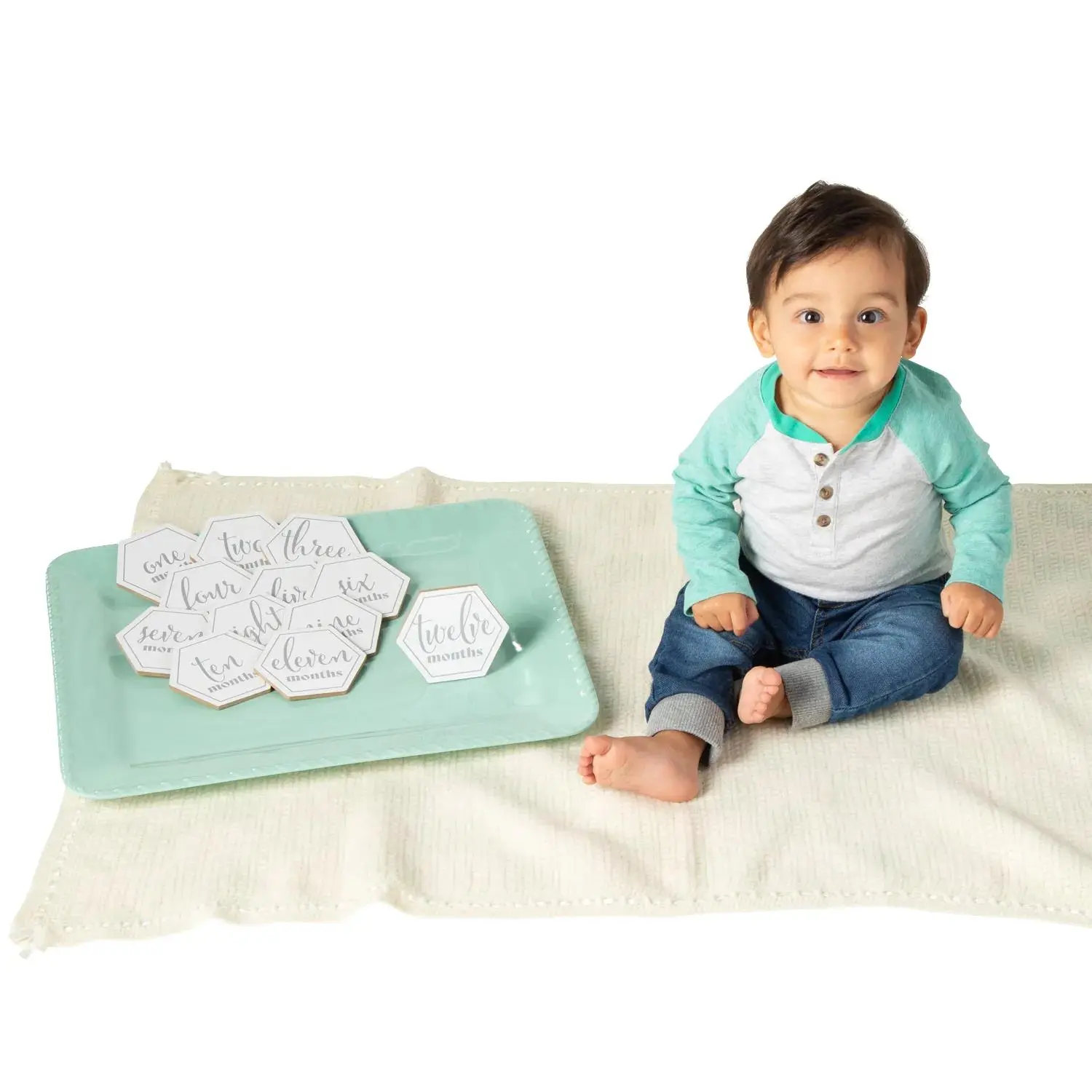 4" x 3 1/2" Neutral Theme Wood Hexagon Markers Baby Milestone Set - 12 Pc.