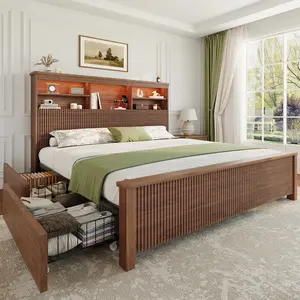 Queen Size Bed Frame and Tall Headboard & Storage, Metal Platform Bed Frame with 4 Storage Drawers, Queen Bed Frame with LED Lights & Charging Ports, No Box Spring Needed, Noise-Free, Brown