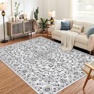 【GARVEE】Machine Washable 5x7 Area Rug for Living Room, 5x7 Ultra-Thin Large Floral Print Rugs for Dining Room Home Office, Stain Resistant Non Slip Backing Carpet, Dark Grey