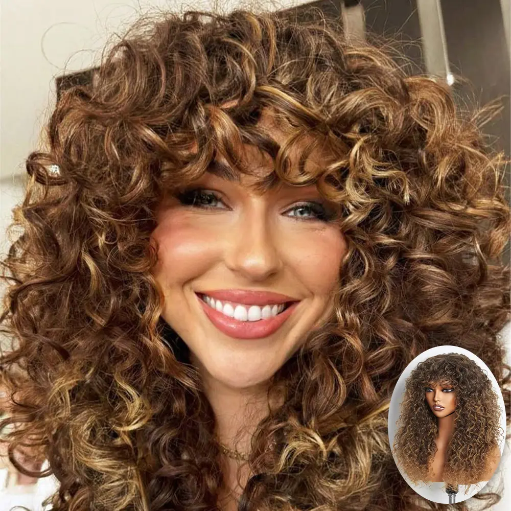 Shaggy Haircuts Ombre Curly Synthetic Wig with Bangs Honey  display picture 3