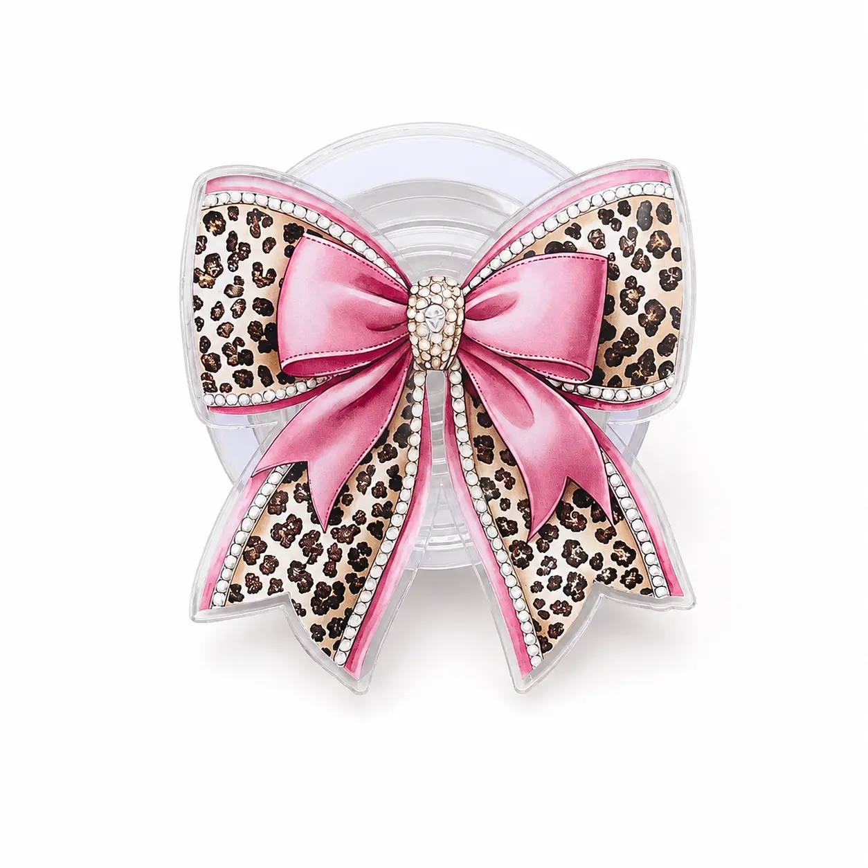 Pink Leopard Pearl Bow MagSafe Phone Grip - Magnetic Phone Stand Holder - Glam Coquette Accessory