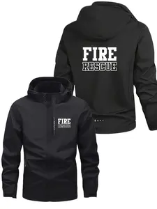 Firefighter Hooded Jacket, Rescue Graphic Zipper Coat, Large Font Design, All-Season Windproof Outdoor Clothing