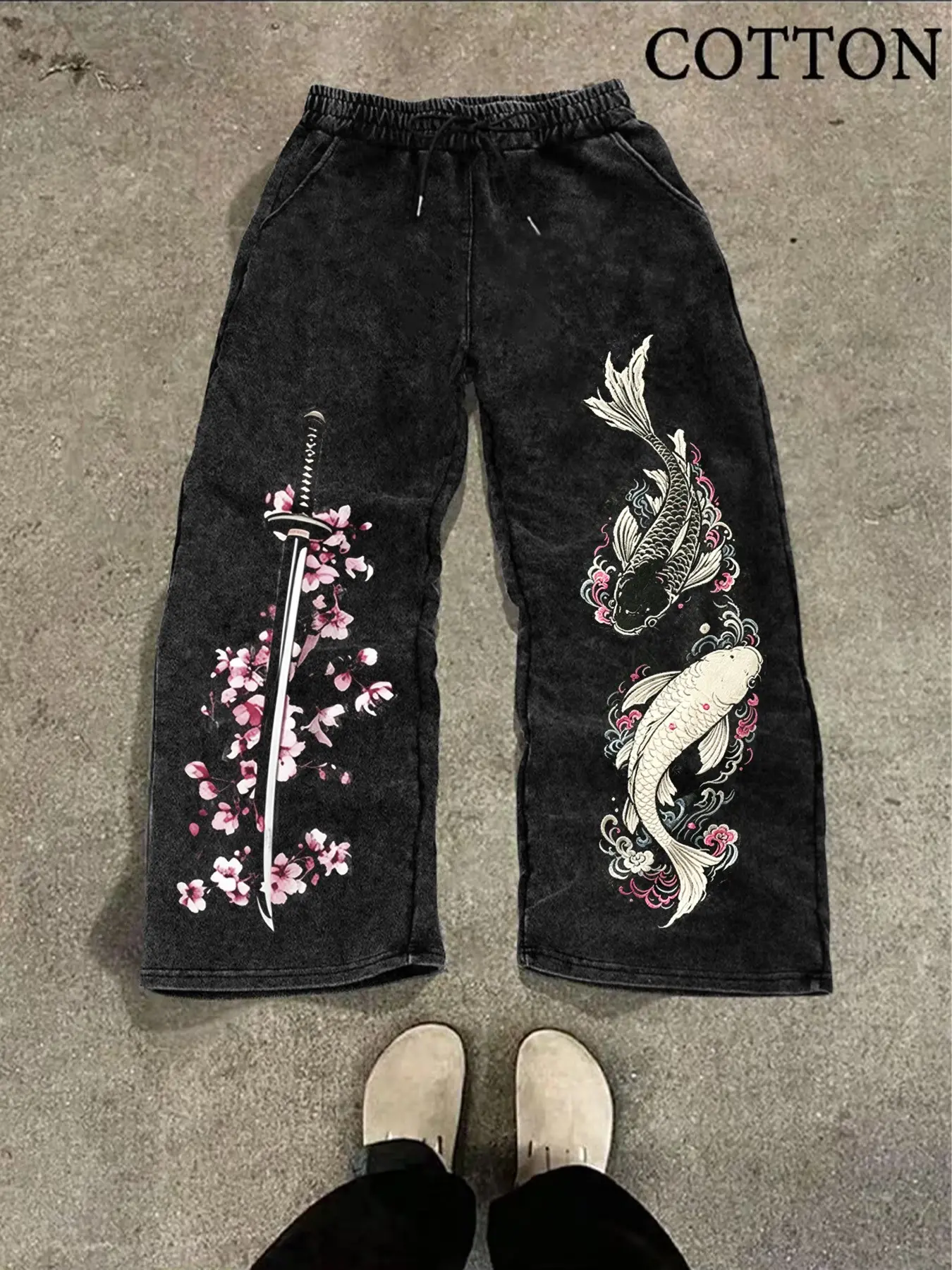 Men's Long Pants, Japanese Samurai Koi Cherry Blossom Floral Vintage Print, Versatile Streetwear High-Street Casual Pants, Fitted Style