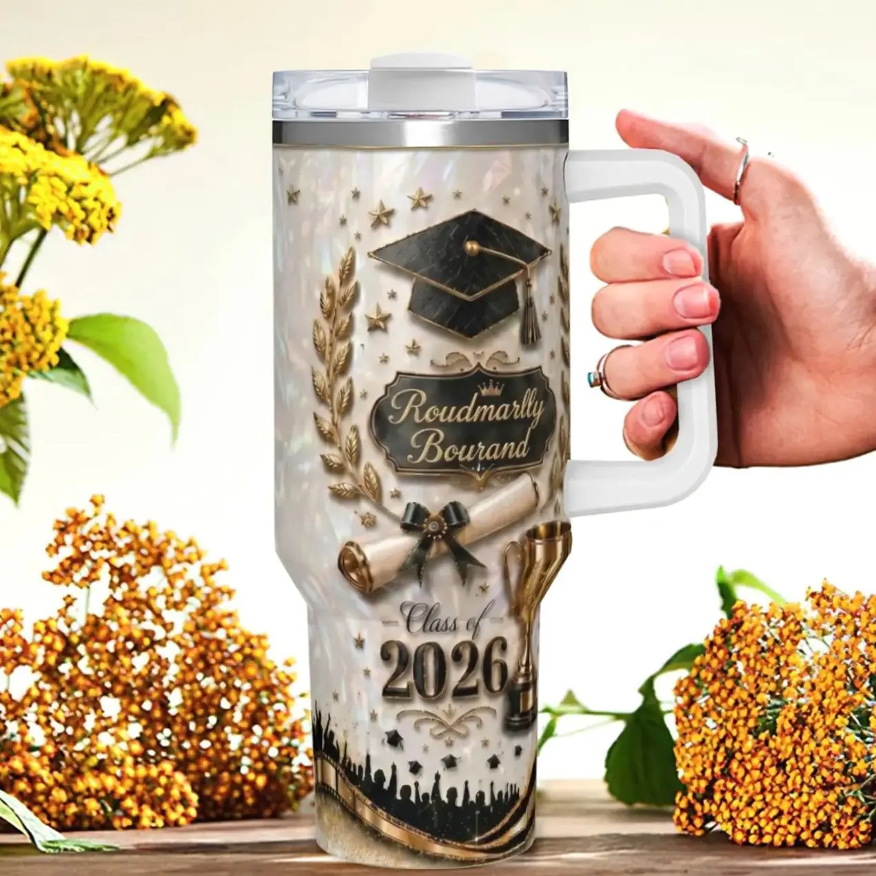 Graduation Cap Tumbler with Iridescent Pearl Finish and Laurel Trophy Diploma Graphic, Insulated Travel Mug with Anti-Slip Handle for Daily Commute and Grad Gift Season