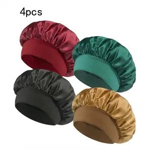 Satin Sleep Bonnets for Women, 4-Pack - Soft Silk-like Hair Care Caps with Comfortable Wide Elastic Band for Curls, Braids, and Natural Hair, Night Caps for Preserving Style