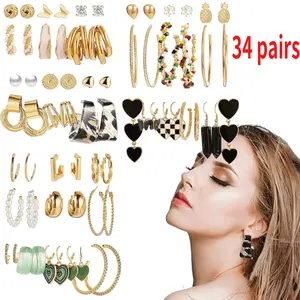 34 pcs Women Drop Dangle Earrings Hypoallergenic Earrings Acrylic Hoop Tassel Earrings Beauty & Personal Care