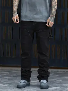Men's Washed Solid Color Patchwork Elastic Waist Streetwear Trendy Korean Millennium Straight Loose Denim Jeans