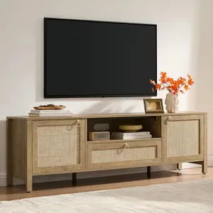 SICOTAS 69" Rattan TV Stand for Living Room, Boho Entertainment Center with Drawer, Storage Cabinets, Shelves, Media Console Table for 55/65/75 Inch TV