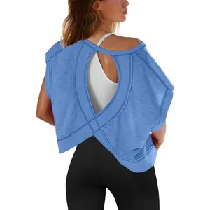 Womens Open Back Workout Tops Backless Short Sleeve Athletic Shirt Running Crop Top Gym Yoga Tee