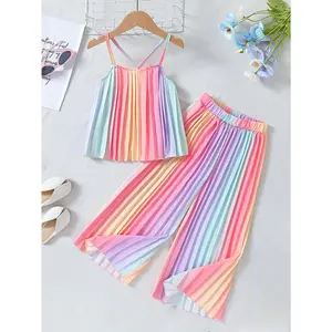 Toddler Girls Summer 2pcs Outfit Rainbow Pleated Crisscross Strap Camisole Wide Leg Pants Cute Lightweight Casual Playwear Set, Perfect for Outdoor
