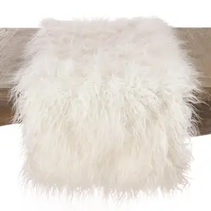 212 MAIN Acrylic Faux Fur Rectangular Table Runner - 16x72 in. Ivory Mongolian Style with Fringed Edge, Household Kitchen Linen Textile