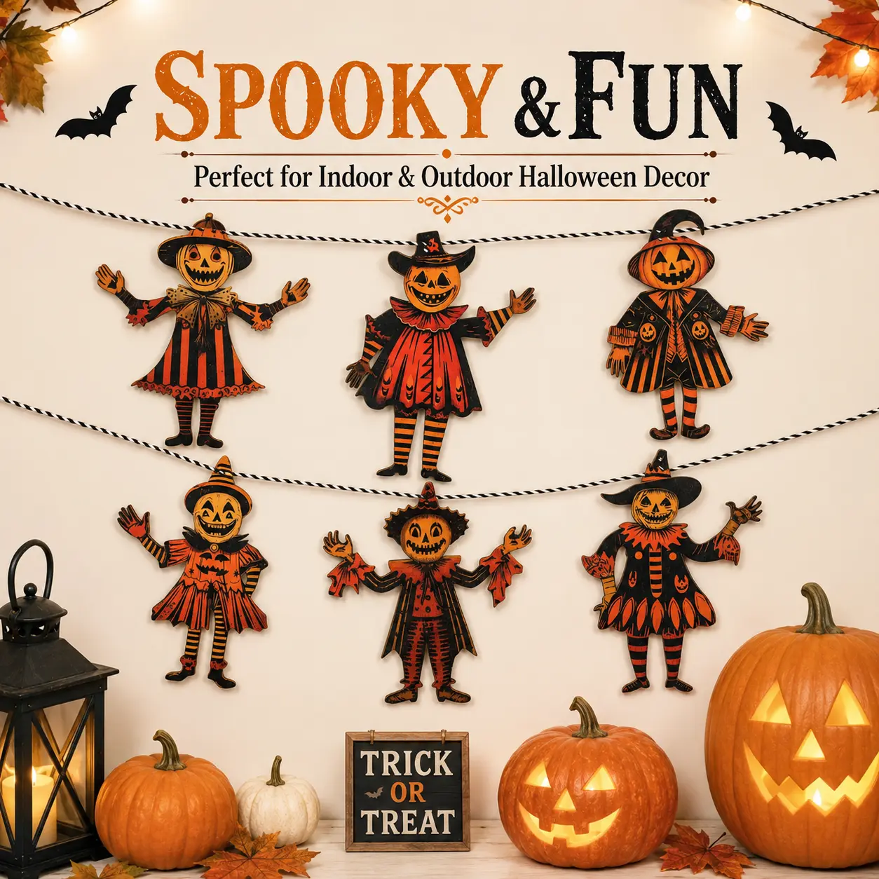6PCS 5.9IN Vintage Wooden Halloween Pumpkin Garland Furnishing Banner, Rustic Hanging Accessory for Home Fireplace Decor & Halloween Party Photo Backdrop