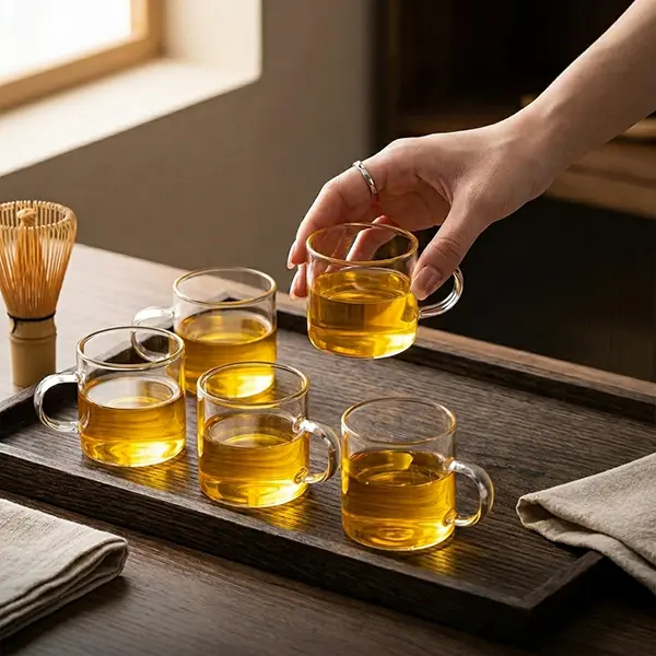 Set of 4 glass coffee cups with rim and sturdy base, 120 ml/4.06 oz reusable borosilicate glass cups suitable for hot/cold drinks, tea, coffee, wine — dishwasher safe, heat-resistant impact, ideal for home and office