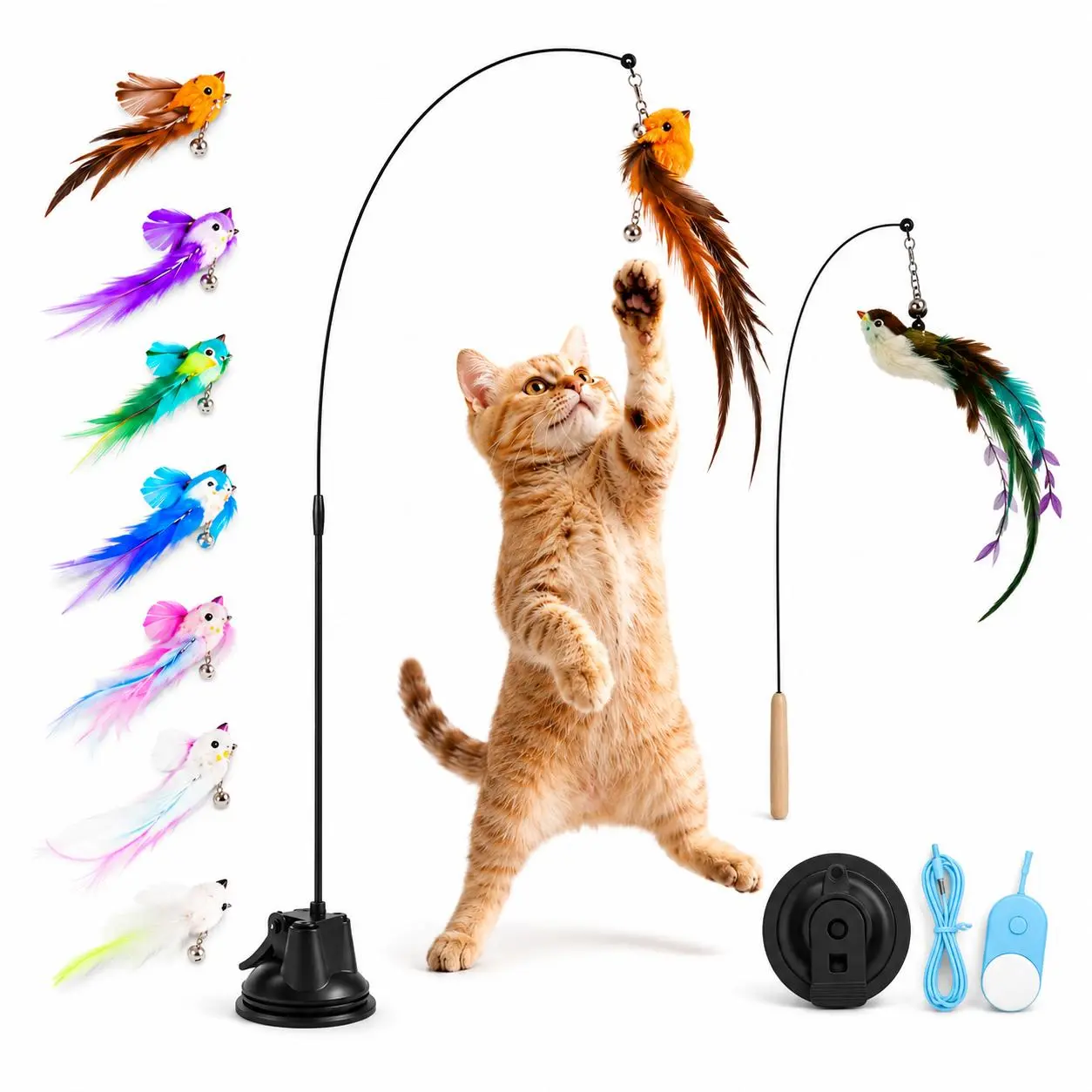 Interactive Bird Cat Toy with Suction Cup Base, Self-Play Feather Wand for Indoor Cats, 7 Replacement Birds with Bells