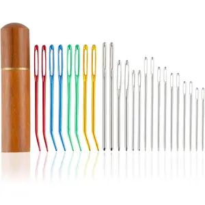 24pcs Large Eye Sewing Needles Kit Stainless Steel Blunt Darning Bent Tapestry Sharp Hand Knitting Needles with Wooden Case Perfect for Crochet Darning Yarn Embroidery Projects
