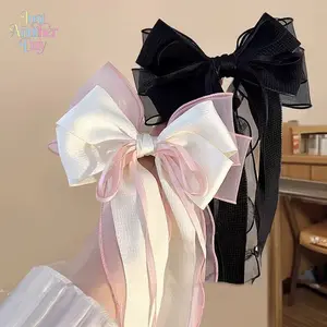 Large Mesh Bow Hair Clip with Ribbon, Elegant Spring-Summer Hair Accessory, Oversized Organza Bow Barrette for Women’s Back of Head