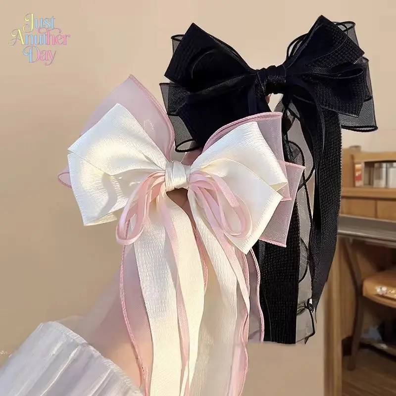 Large Mesh Bow Hair Clip with Ribbon, Elegant Spring-Summer Hair Accessory, Oversized Organza Bow Barrette for Women’s Back of Head