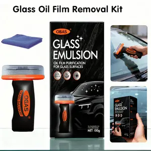 Windshield Oil Film Remover 2 PCS, Car Glass Oil Film Cleaner with Handle Brush, Automotive Front Window Rearview Mirror Side Glass Cleaner, Anti-Fog Waterproof Cleaning Agent